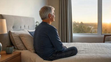 Älterer Mann sitzt am frühen Morgen am Bett und blickt aus dem Fenster [Bildinhalt mit KI erstellt]
