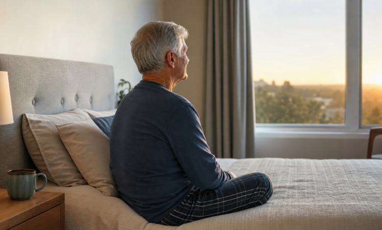 Älterer Mann sitzt am frühen Morgen am Bett und blickt aus dem Fenster [Bildinhalt mit KI erstellt]