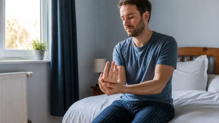 Mann dehnt nach dem Aufwachen vorsichtig seine Hand [Bildinhalt mit KI erstellt]