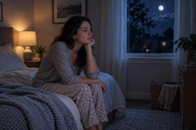 Frau sitzt nachts wach im Schlafzimmer, während draußen der Vollmond zu sehen ist [Bildinhalt mit KI erstellt]
